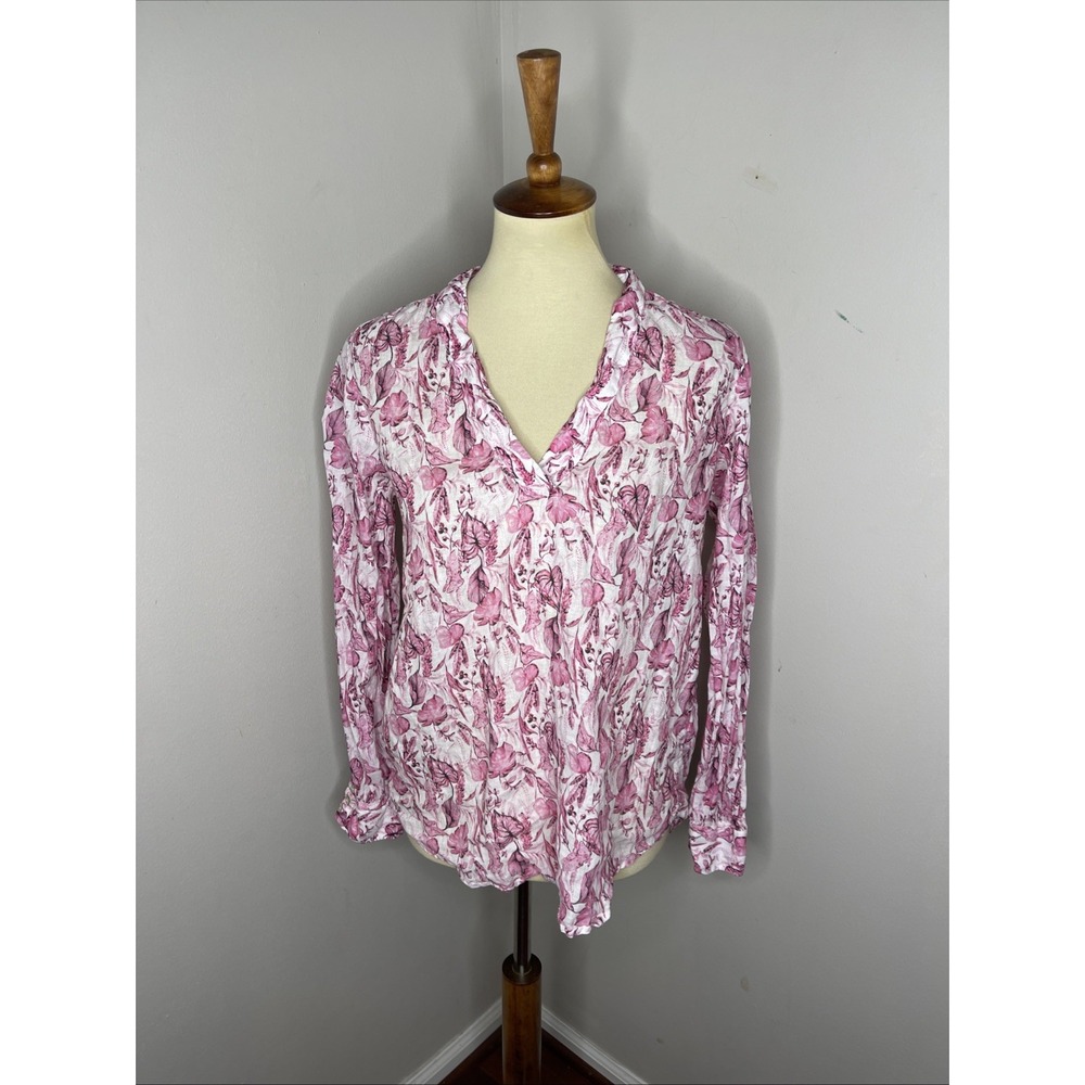 120% LINO Pink White Floral Longsleeve Linen‎ Tunic Shirt Sz 42